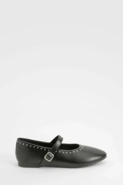 Ballet Flats|Flats*boohoo Stud Detail Mary Jane Ballets black