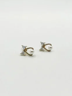 Earrings*SVNX Studded Bow Earrings with Hanging Pearl in Gold