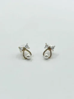 Earrings*SVNX Studded Bow Earrings with Hanging Pearl in Gold