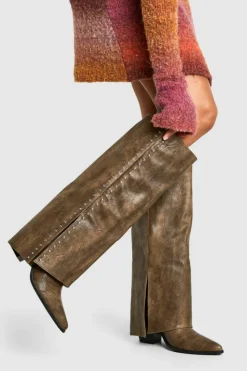 Knee High Boots|Cowboy Boots*boohoo Studded Detail Fold Over Distressed Western Boot brown