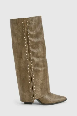 Knee High Boots|Cowboy Boots*boohoo Studded Detail Fold Over Distressed Western Boot brown