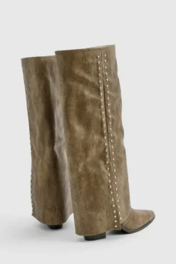 Knee High Boots|Cowboy Boots*boohoo Studded Detail Fold Over Distressed Western Boot brown