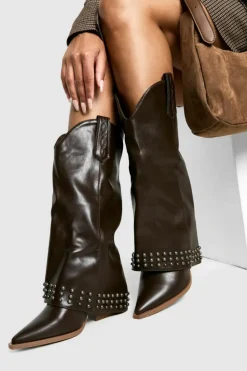 Cowboy Boots*boohoo Studded Foldover Western Cowboy Boots brown