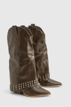 Cowboy Boots*boohoo Studded Foldover Western Cowboy Boots brown