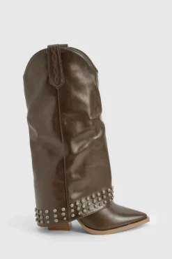 Cowboy Boots*boohoo Studded Foldover Western Cowboy Boots brown
