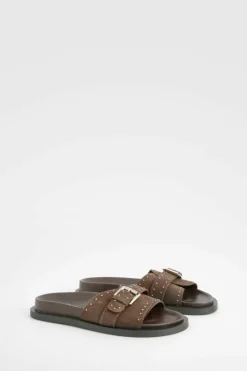 Sandals*boohoo Studded Leather Sliders chocolate