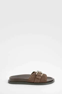 Sandals*boohoo Studded Leather Sliders chocolate