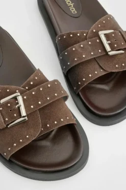 Sandals*boohoo Studded Leather Sliders chocolate