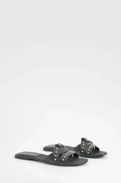 Sandals*boohoo Studded Woven Leather Mule Sandals black