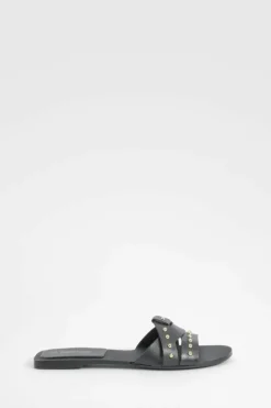 Sandals*boohoo Studded Woven Leather Mule Sandals black