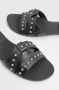 Sandals*boohoo Studded Woven Leather Mule Sandals black