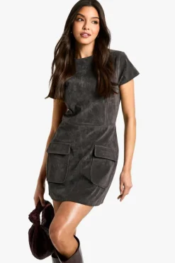 Mini Dresses|Dresses*boohoo Suede Cap Sleeve Mini Dress charcoal