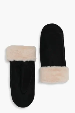 Hats & Gloves|Hats & Gloves*boohoo Suedette Faux Fur Lined Mittens black
