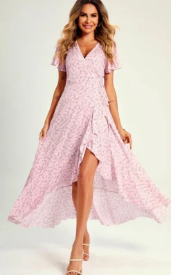Wrap Dresses*FS Collection Summer Floral Print Hem Wrap Midi Dress In Pink