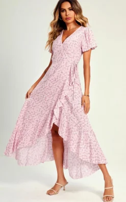 Wrap Dresses*FS Collection Summer Floral Print Hem Wrap Midi Dress In Pink