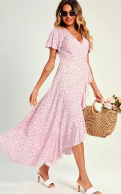 Wrap Dresses*FS Collection Summer Floral Print Hem Wrap Midi Dress In Pink