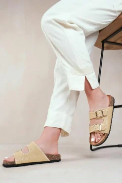 Sandals*Where's That From Sunset' Double Strap Flat Sandals With Buckle Detail Khaki