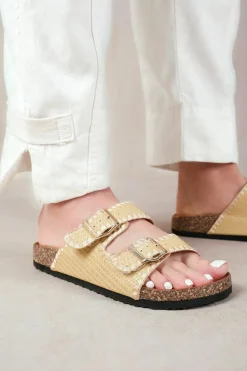 Sandals*Where's That From Sunset' Double Strap Flat Sandals With Buckle Detail Khaki