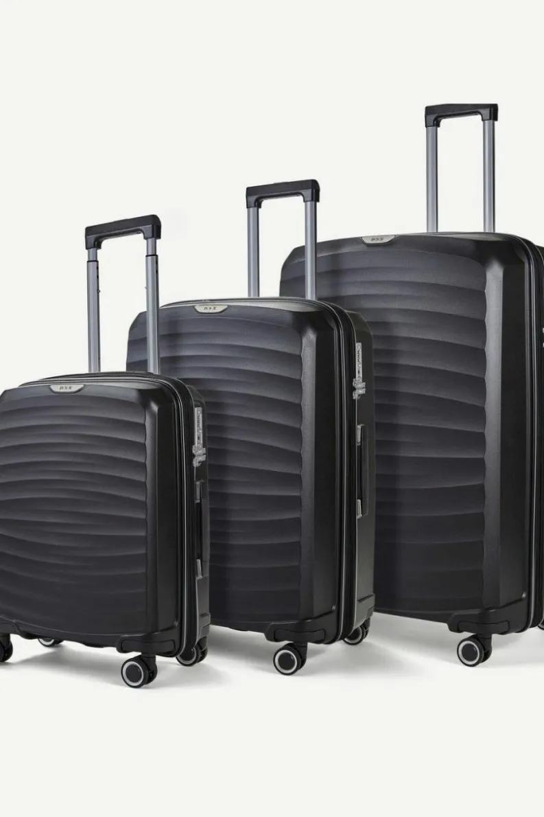 Handbags*Rock Sunwave 3 Pc Set 8 Wheel Hardshell Expandable Suitcases Black