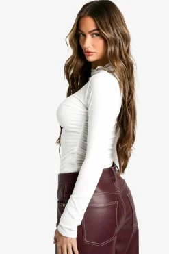 Long Sleeve Tops*boohoo Super Soft Ruched Body Long Sleeve Top cream