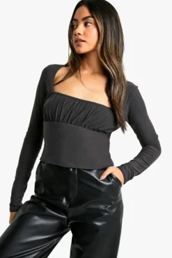Long Sleeve Tops*boohoo Super soft Ruched Bust Long Sleeve Top charcoal