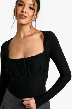 Long Sleeve Tops*boohoo Super soft Ruched Bust Long Sleeve Top black