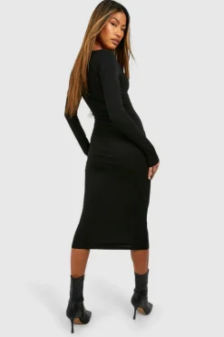 Bodycon Dresses|Long Sleeve Dresses*boohoo Sweetheart Cotton Long Sleeve Midi Dress black