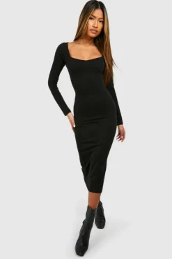 Bodycon Dresses|Long Sleeve Dresses*boohoo Sweetheart Cotton Long Sleeve Midi Dress black