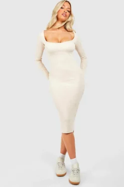 Midi Dresses*boohoo Sweetheart Rib Long Sleeve Midi Dress stone