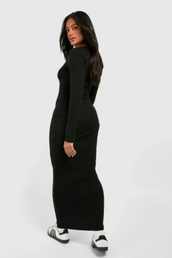 Maxi Dresses*boohoo Sweetheart Rib Long Sleeve Maxi Dress black