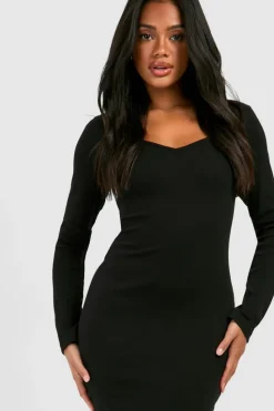 Maxi Dresses*boohoo Sweetheart Rib Long Sleeve Maxi Dress black