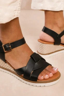 Wedges*Where's That From Sydney' Extra Wide Fit Wedge Shoes With Front Strap Detail Black