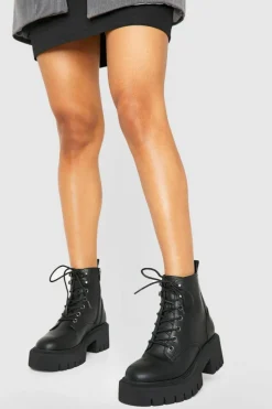 Chunky Boots|Biker Boots*boohoo Tab Detail Chunky Lace Up Hiker Boots black