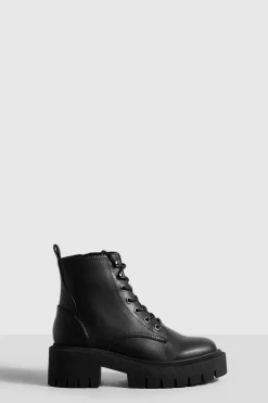 Chunky Boots|Biker Boots*boohoo Tab Detail Chunky Lace Up Hiker Boots black