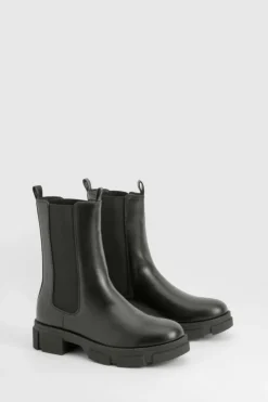 Calf High Boots|Chunky Boots*boohoo Tab Detail Elastic Insert Chunky Chelsea Boot black