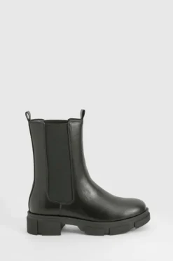 Calf High Boots|Chunky Boots*boohoo Tab Detail Elastic Insert Chunky Chelsea Boot black