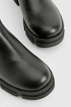 Calf High Boots|Chunky Boots*boohoo Tab Detail Elastic Insert Chunky Chelsea Boot black