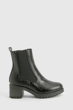 Heels|Heeled Boots*boohoo Tab Detail Low Block Heel Croc Chelsea Boots black