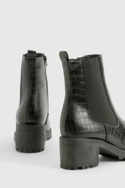 Heels|Heeled Boots*boohoo Tab Detail Low Block Heel Croc Chelsea Boots black