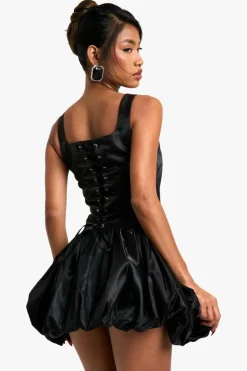 Skater Dresses*boohoo Taffeta Bubble Hem Lace Up Mini Dress black