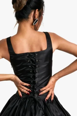 Skater Dresses*boohoo Taffeta Bubble Hem Lace Up Mini Dress black