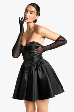 Skater Dresses*boohoo Taffeta Corset Lace Up Skater Dress black