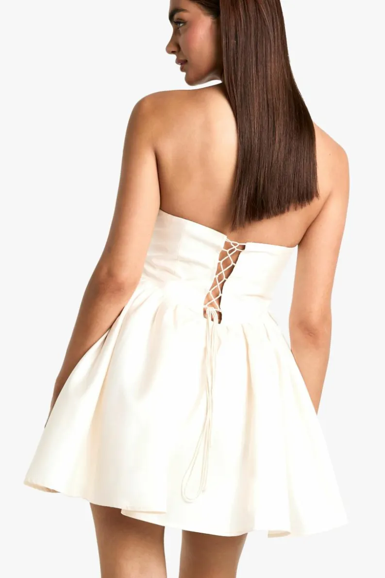 Skater Dresses*boohoo Taffeta Corset Lace Up Skater Dress cream