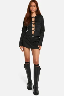 Long Sleeve Tops*boohoo Tailored Micro Belt Long Sleeve Smock Top black