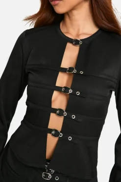 Long Sleeve Tops*boohoo Tailored Micro Belt Long Sleeve Smock Top black