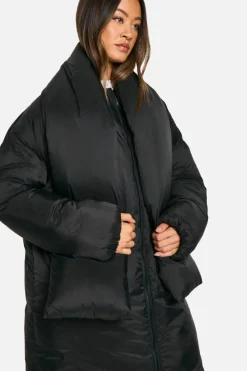 Up To 80% Off Winter Warmers|Puffer Jackets*boohoo Tall 2 In 1 Longline Scarf Puffer Jacket black