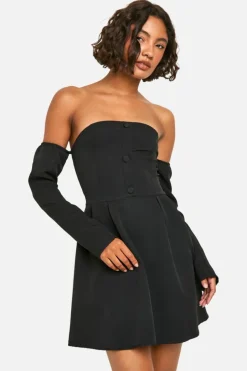 A Line Dresses|Skater Dresses*boohoo Tall A-Line Bardot Long Sleeve Mini Dress black