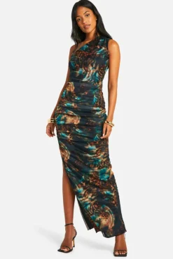 Maxi Dresses*boohoo Tall Asymmetric Ruched Print Maxi Dress animal