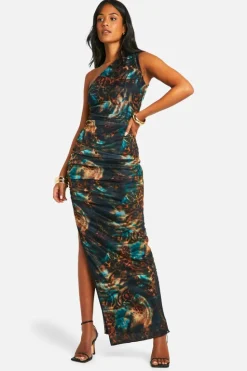 Maxi Dresses*boohoo Tall Asymmetric Ruched Print Maxi Dress animal