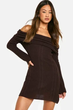 Jumper Dresses|Jumper Dresses*boohoo Tall Bardot Cable Knit Skater Dress chocolate